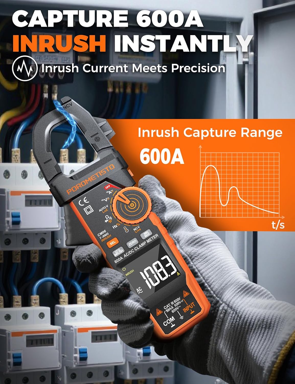 Inrush Clamp Meter,CM06 Clamp Multimeter, 6000 Counts 600A, POROMETISTO