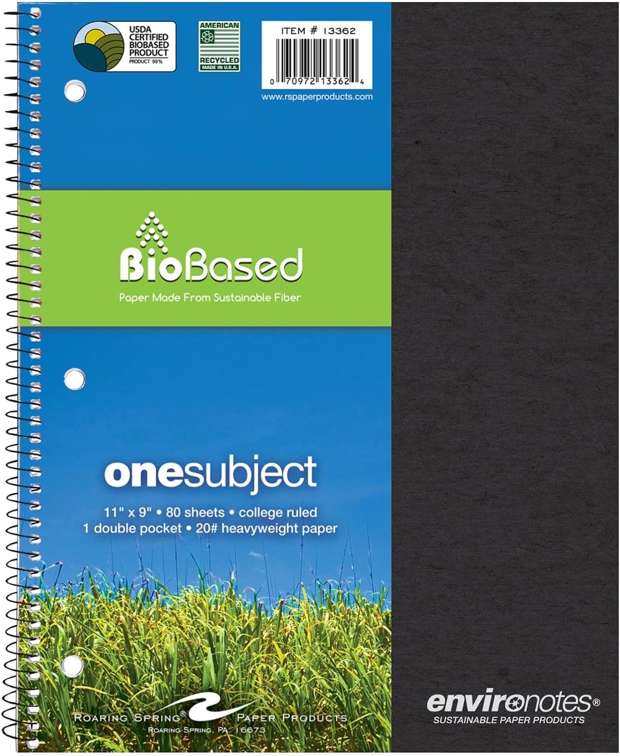 Environotes College Ruled Spiral Notebook, 1 Subject Recycled School Notebook with Storage Pocket, 11" x 9", 80