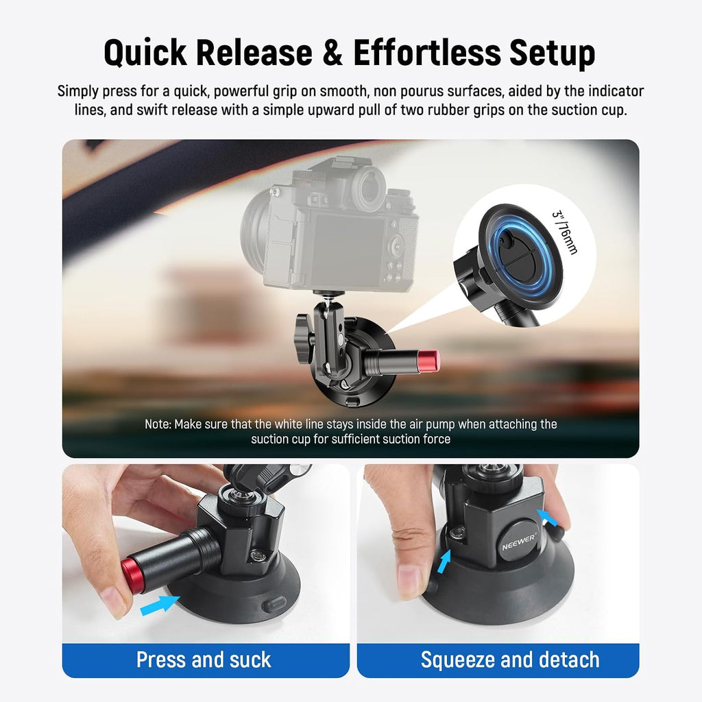 3" Suction Cup Camera Mount Bracket with Ball Head Magic Arm, 1/4" ARRI Holes, Quick Release Car Mount with Phone