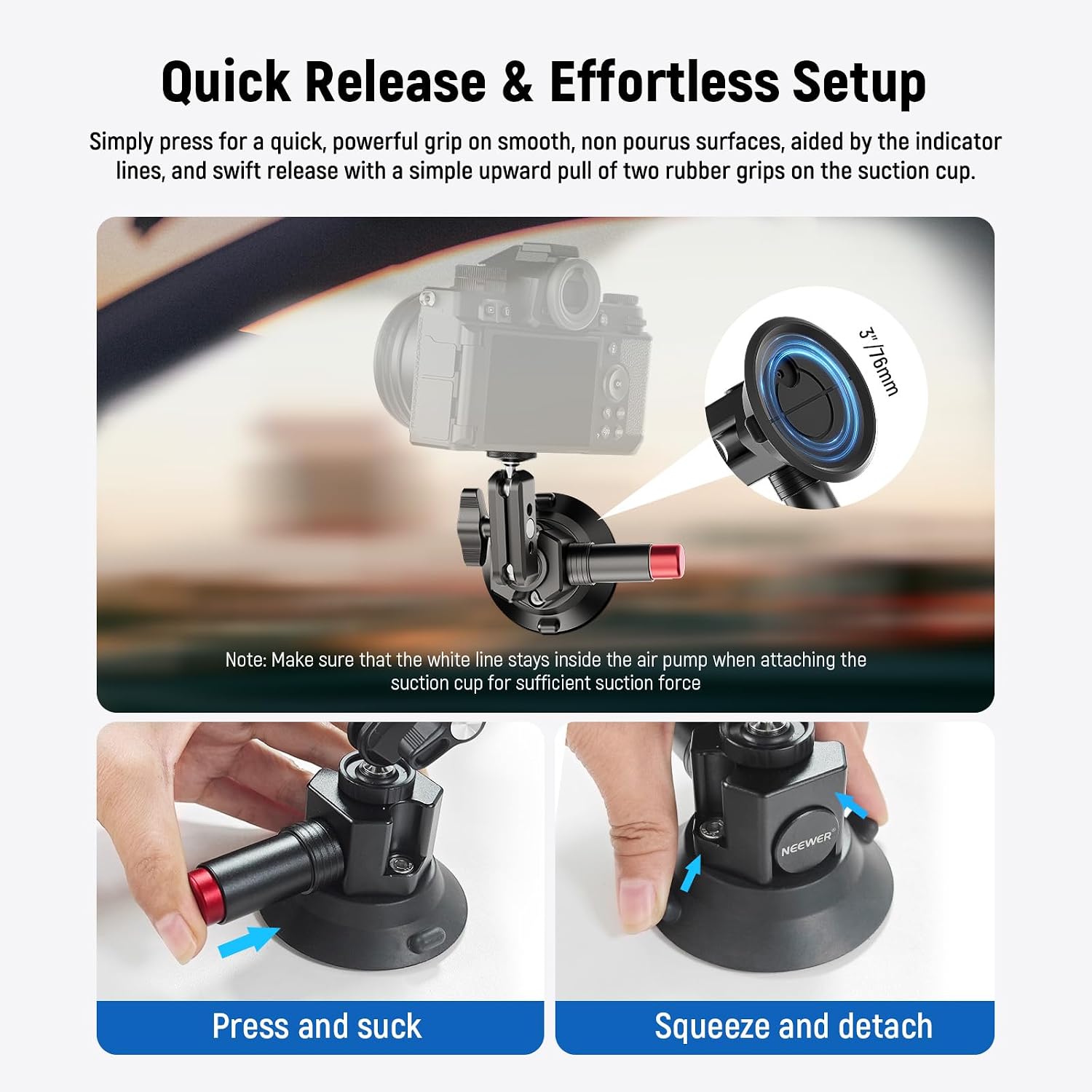 3" Suction Cup Camera Mount Bracket with Ball Head Magic Arm, 1/4" ARRI Holes, Quick Release Car Mount with Phone