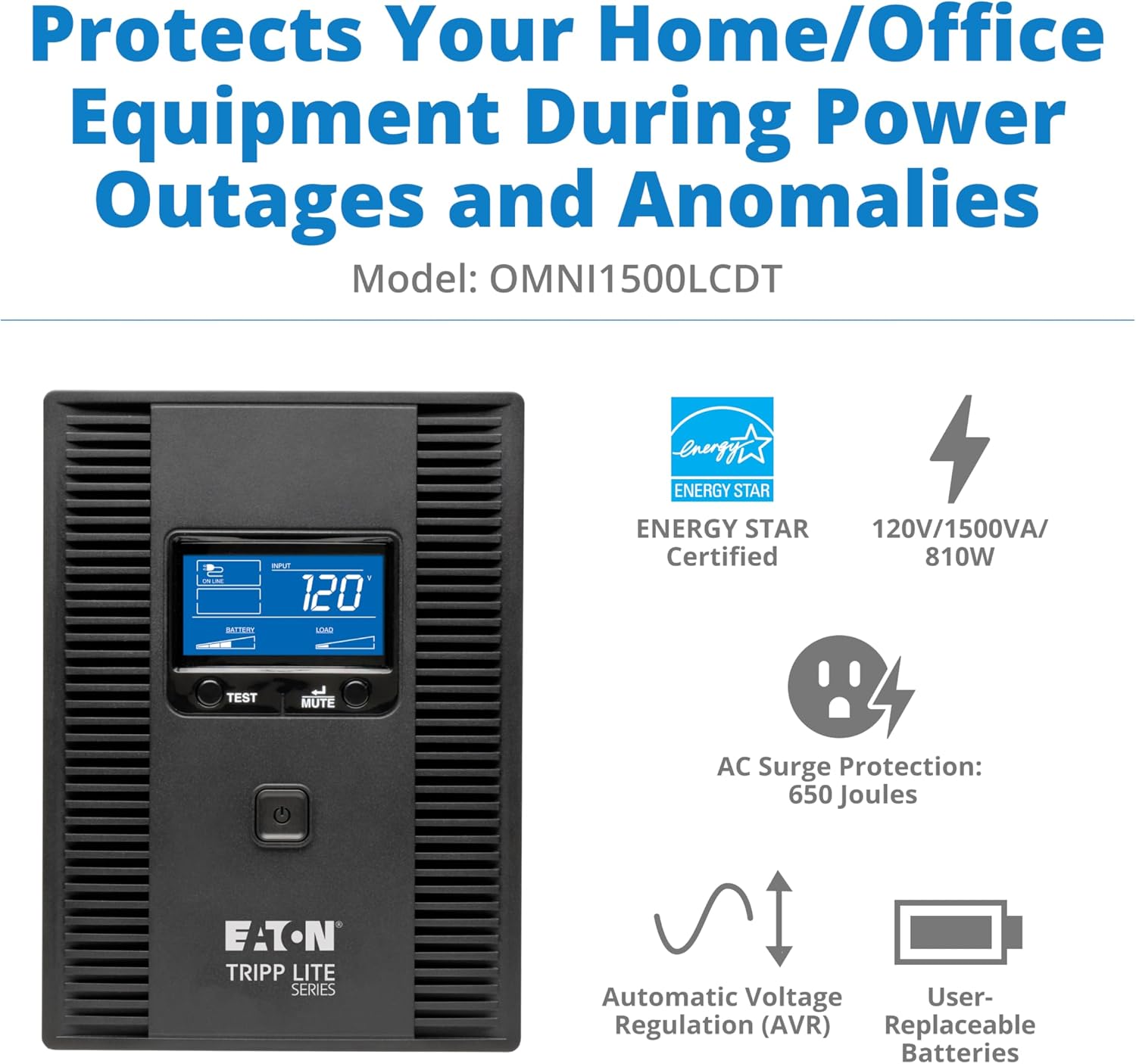 Eaton Tripp Lite OMNI1500LCDT 1500VA UPS 810W 10 Outlets 650 Joules AVR LCD | Battery Backup Surge Protector