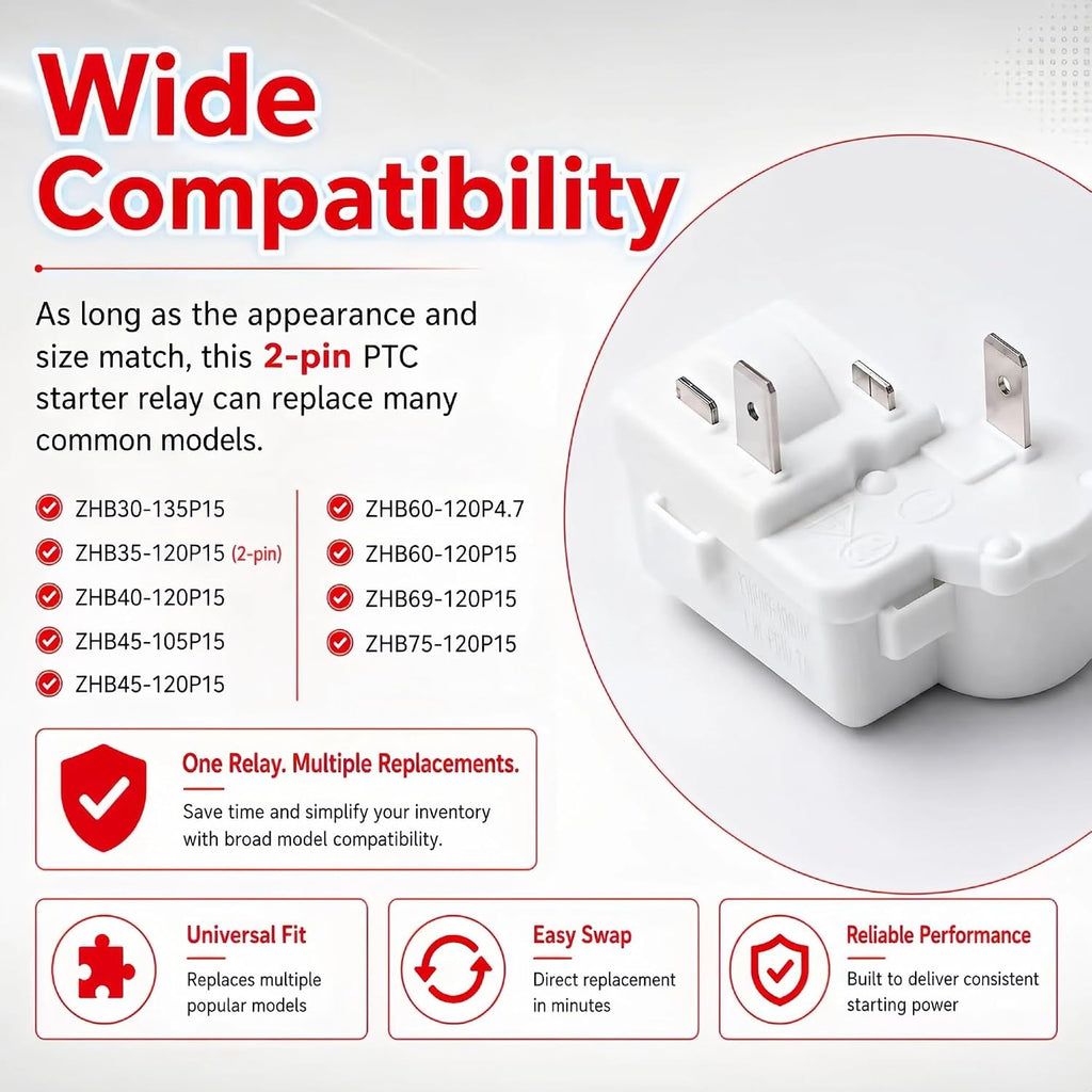 2Pin Refrigerator Overload Protector PTC Starter Relay Compressor | Fits Danby, Haier, Midea mini fridge and freezer