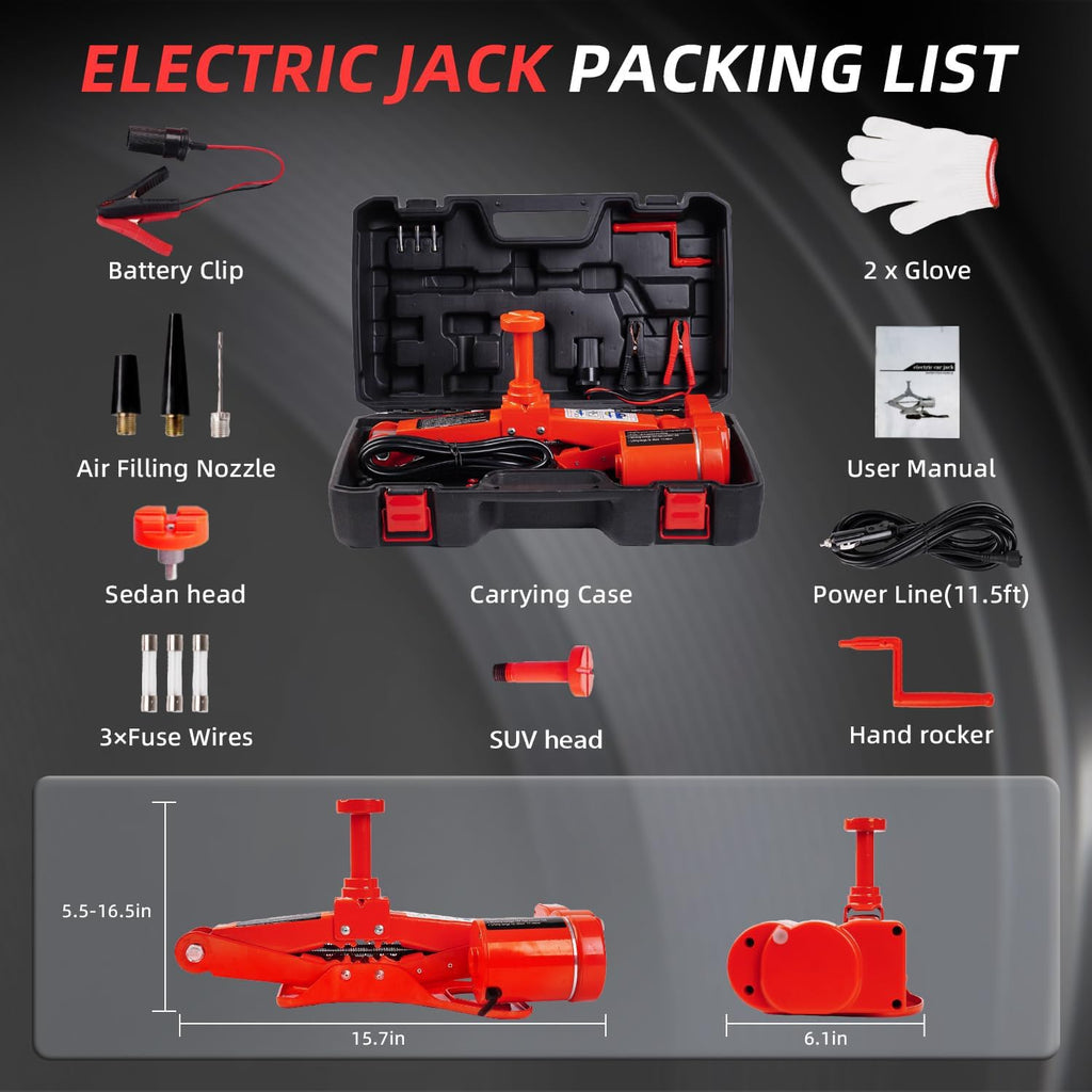 Electric Car Jack 3 Ton 12V Scissor Floor Jack Kit | Lift Range 5.5-16.5in, Sturdy Base, Electric Motor Drive, Corded