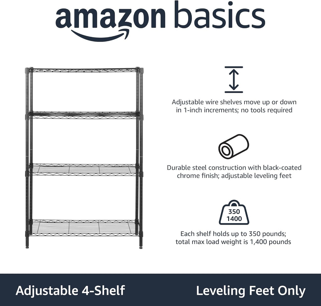 4-Shelf Adjustable Heavy Duty Steel Wire Rack Storage Shelving, Sturdy Garage Shelving, 350 lbs Capacity Per Shelf