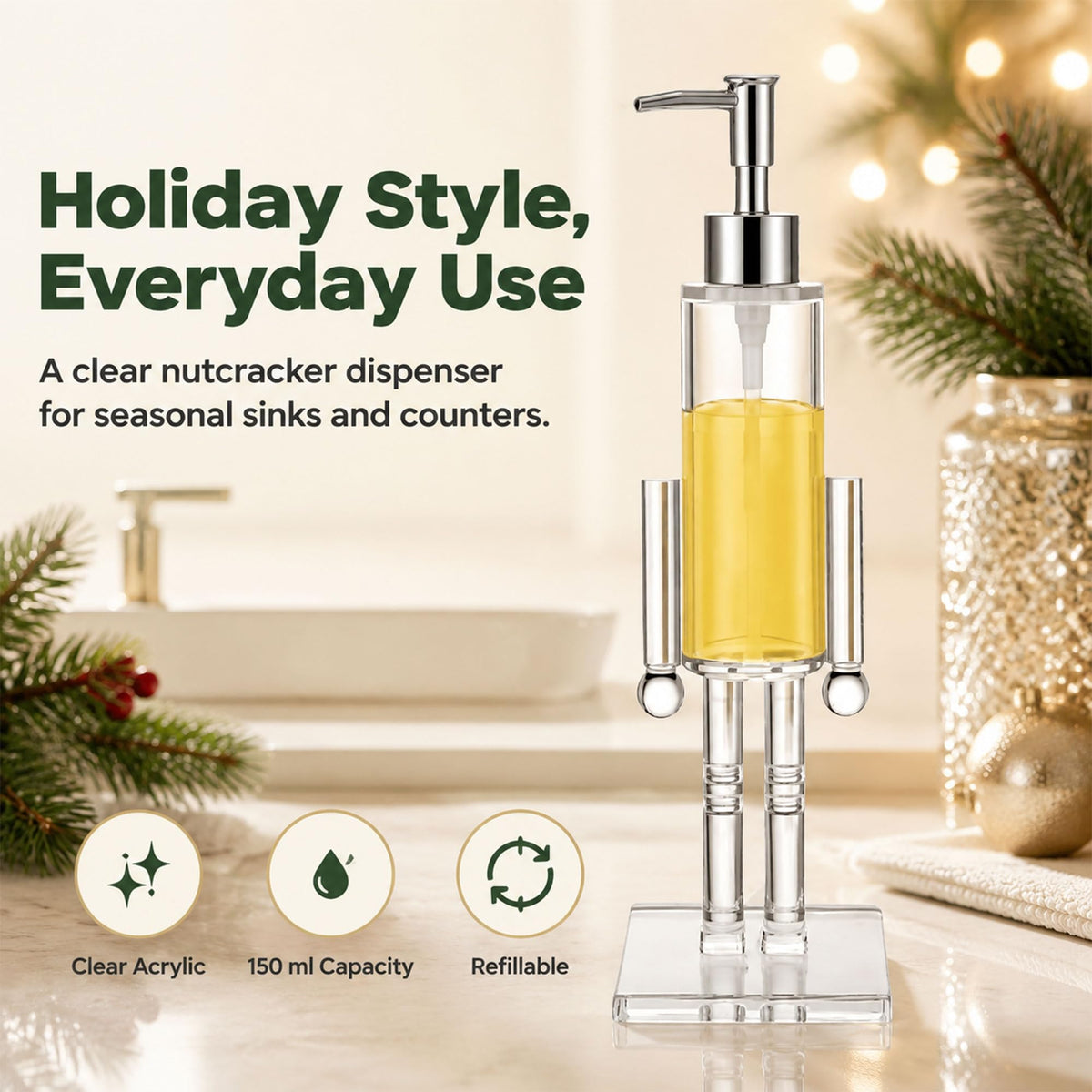Nutcracker Soap Dispenser Clear, Acrylic Christmas Soap Dispenser (3Pcs)