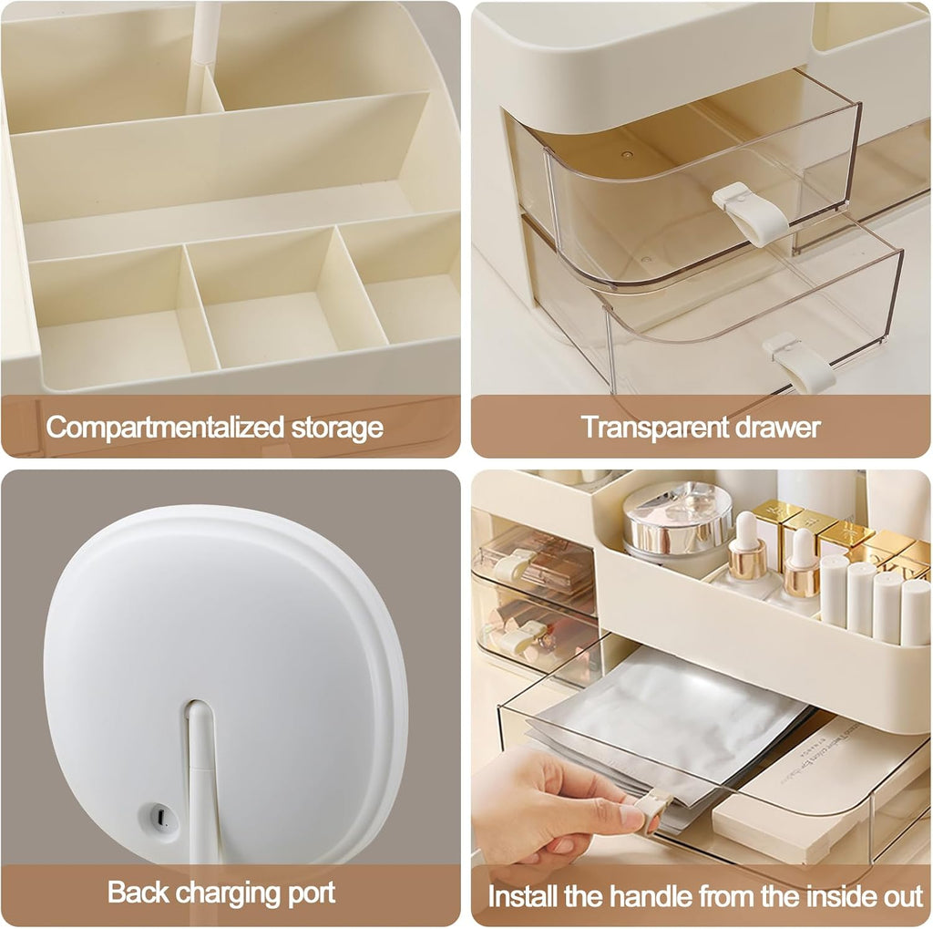Makeup Organizer with Rechargeable Mirror and 3 Drawers,Skincare and Cosmetics Organizer Countertop,Makeup Brush
