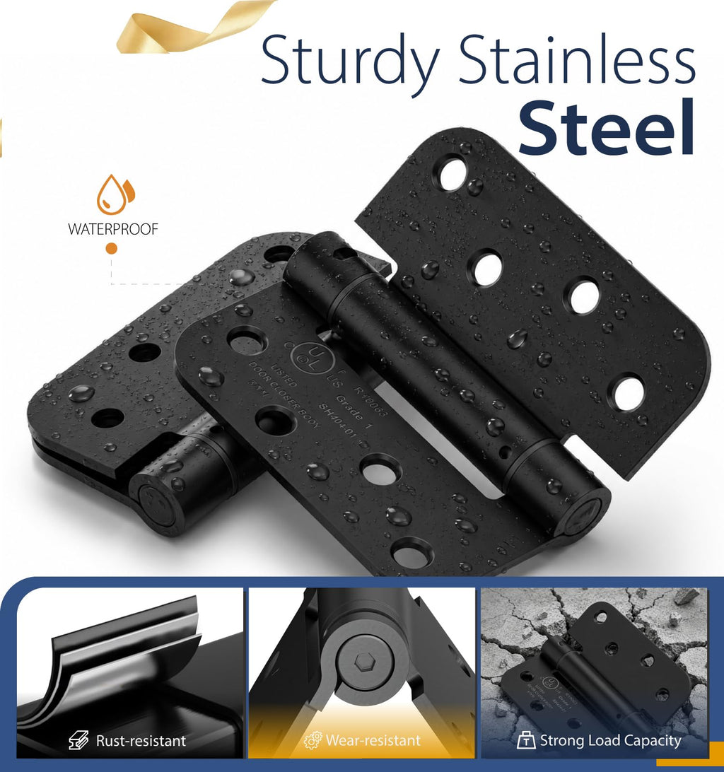 3-Pack 4 Inch Self Closing Door Hinges,5/8" Radius Corners,Black