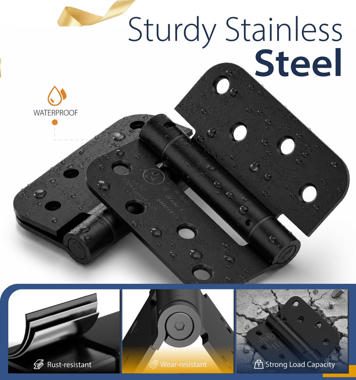 3-Pack 4 Inch Self Closing Door Hinges,5/8" Radius Corners,Black