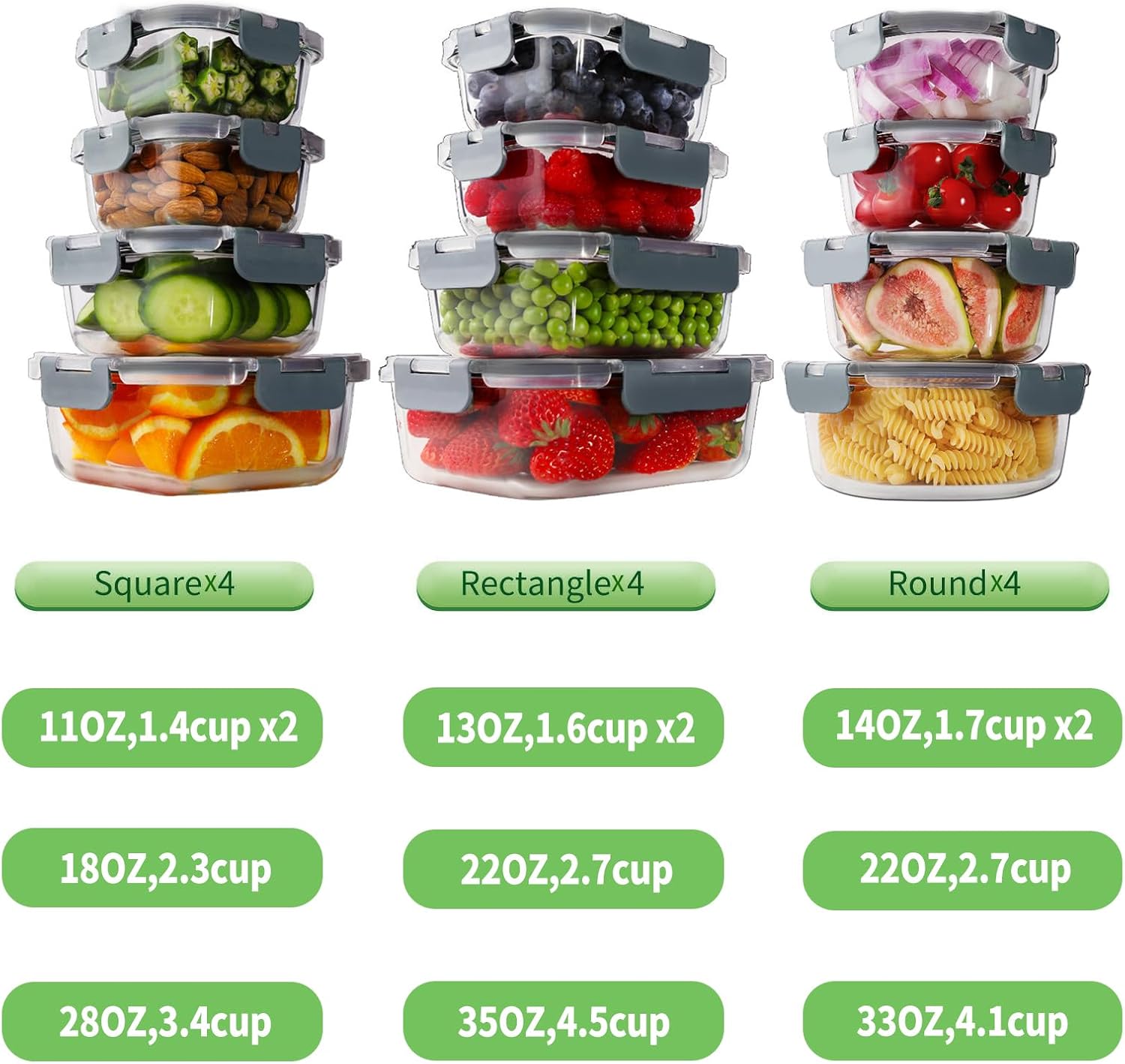 24pc Borosilicate Glass Food Storage Containers with Snap Locking Lids, Glass Meal Prep Containers, Airtight Lunch