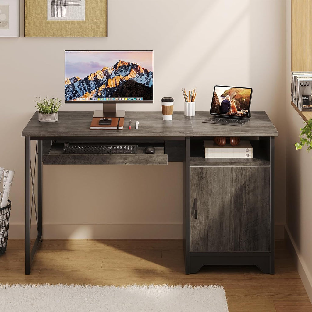 Office Desk with Keyboard Tray, Industrial Computer Desk with Storage, Reversible Executive Desk with File Cabinet