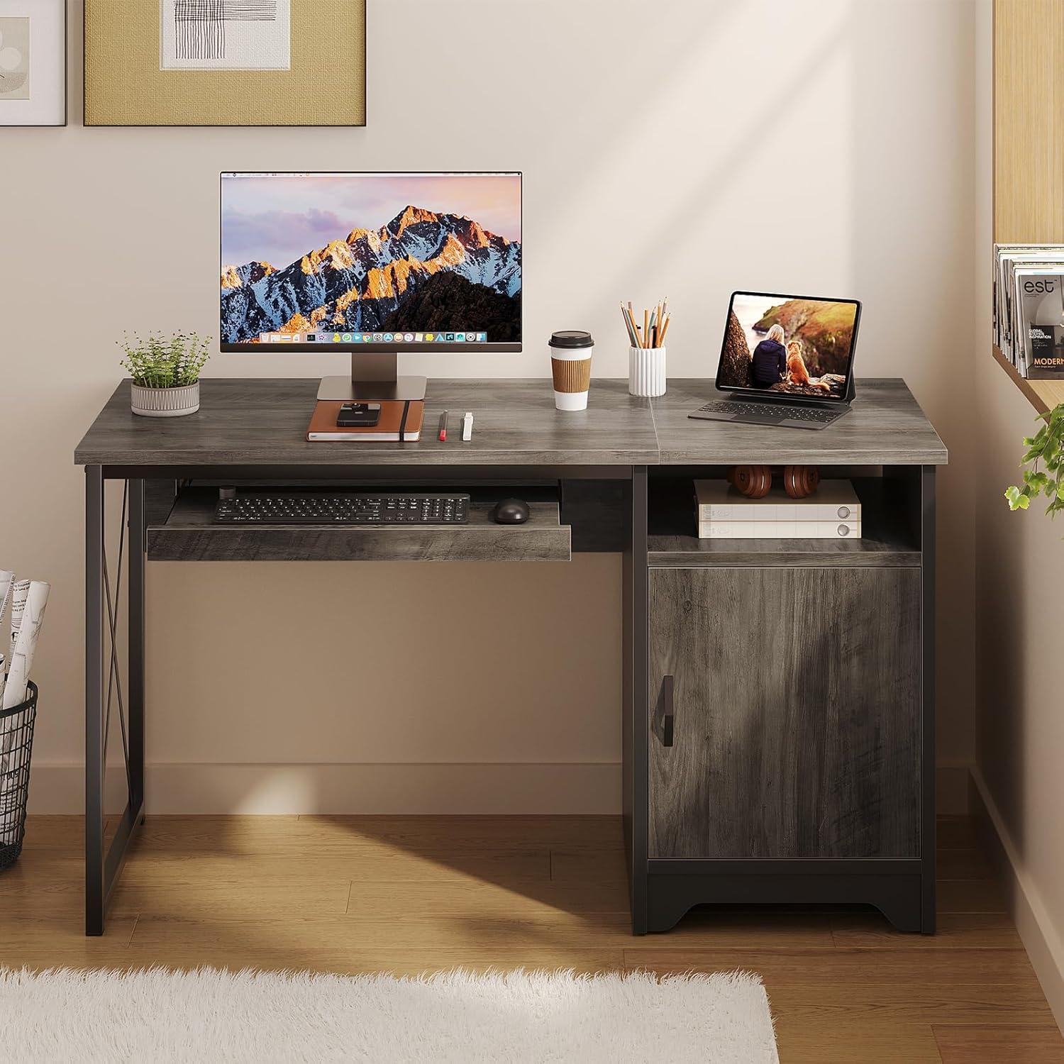 Office Desk with Keyboard Tray, Industrial Computer Desk with Storage, Reversible Executive Desk with File Cabinet