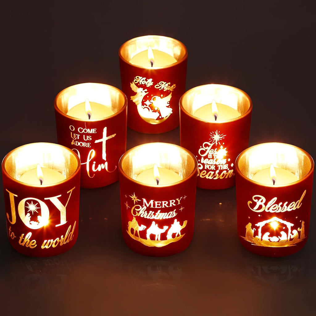 Set of 6 Christmas Nativity Votive Candle Holders with 10 Candles Advent Tealight Holders Red Christmas Glass