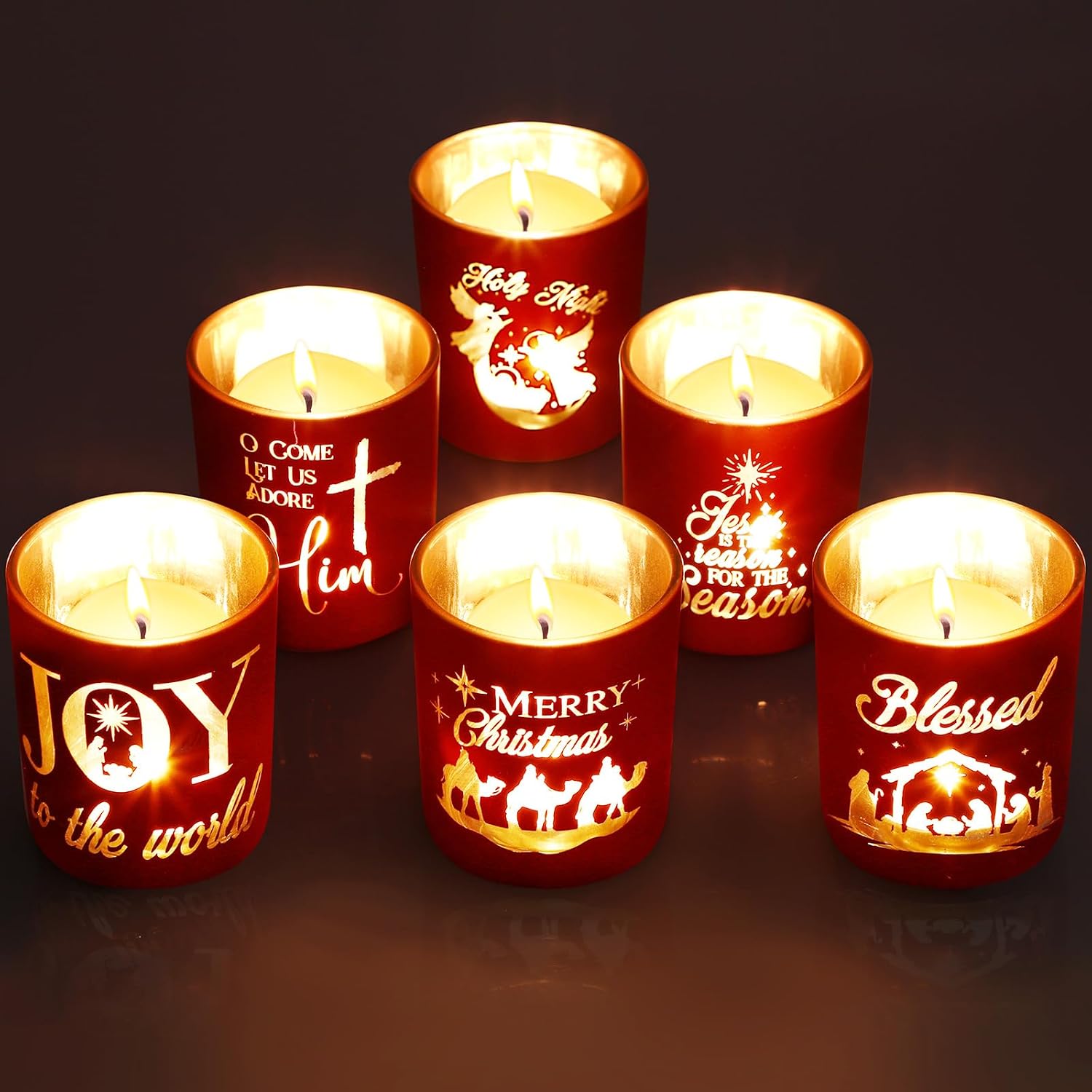 Set of 6 Christmas Nativity Votive Candle Holders with 10 Candles Advent Tealight Holders Red Christmas Glass