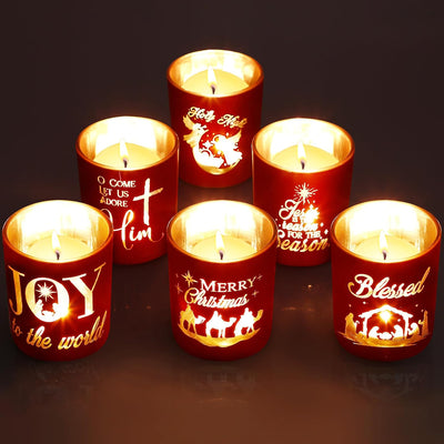 Set of 6 Christmas Nativity Votive Candle Holders with 10 Candles Advent Tealight Holders Red Christmas Glass