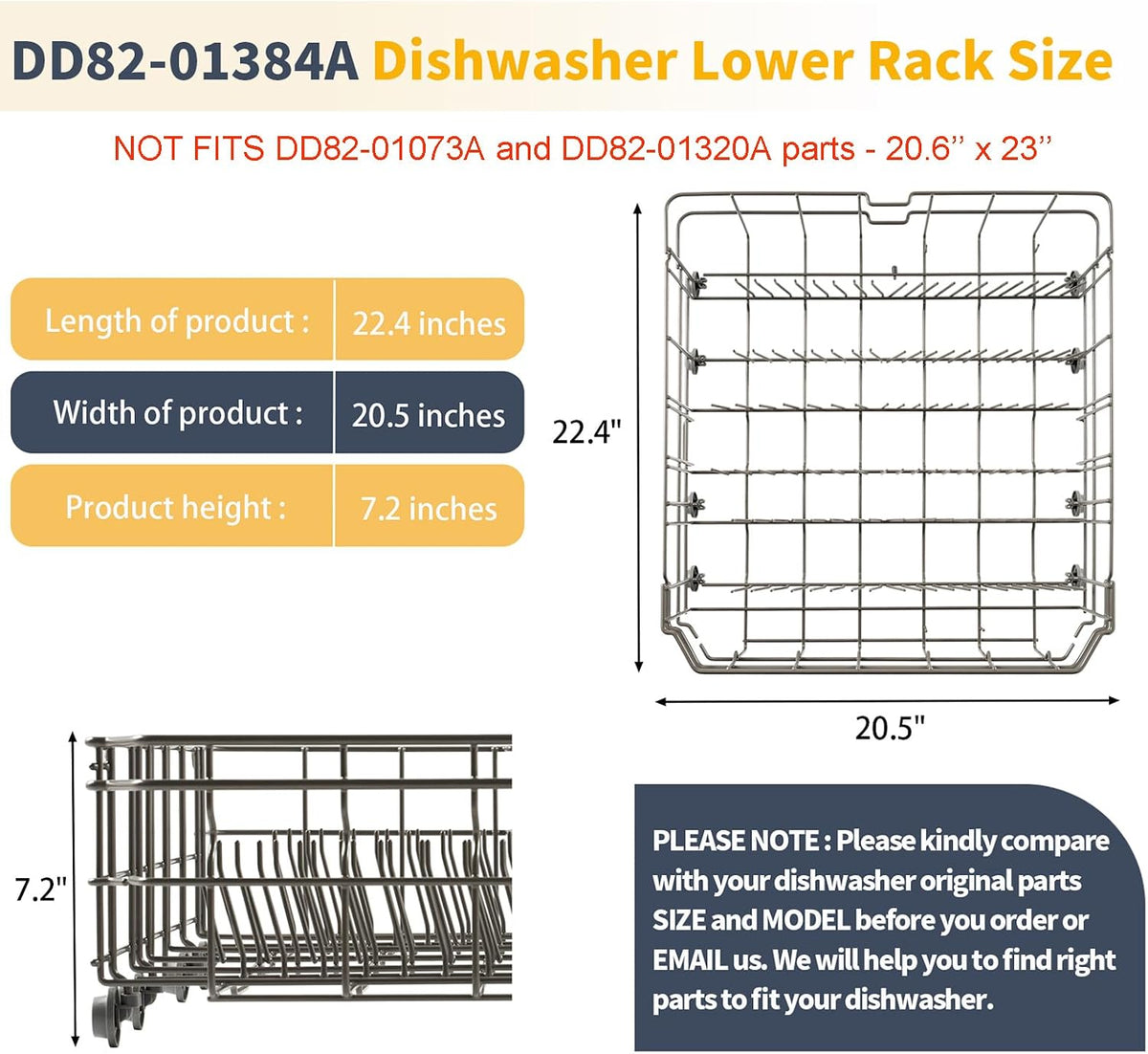 2026 Upgraded DD82-01384A Dishwasher Lower Rack Replacement for Samsung Dishwasher Parts 22.4" x 20.5" DW80M2020US DW80R2031US DW80R2031UG DW80N3030UW Samsung Dishwasher Lower Dishrack Bottom Rack