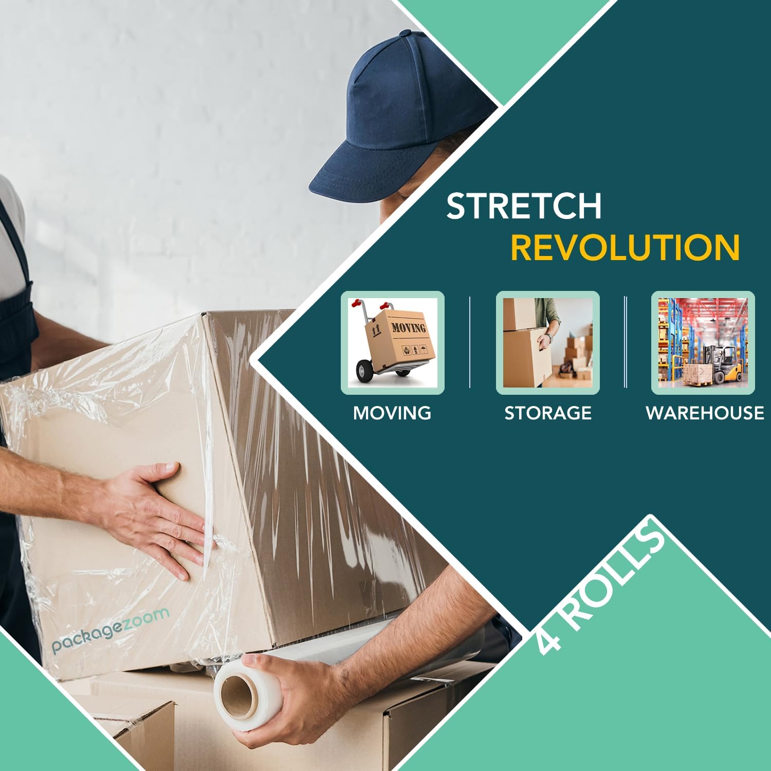 4 Rolls Clear Stretch Wrap Film 18” x 1500 feet Plastic Wrap for Moving, Packing, Shipping & Storage Heavy Duty