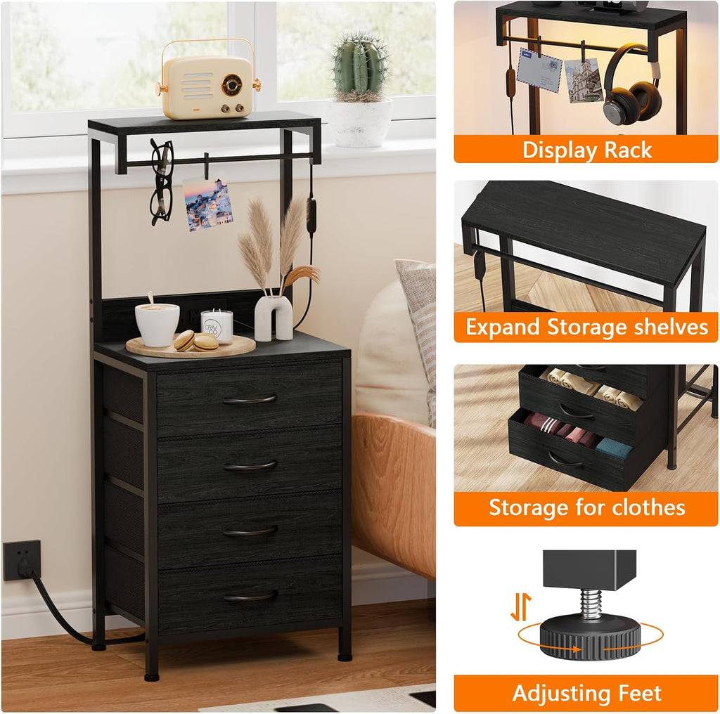 Tall Nightstand with Charging Station, Bed Side Table & End Table | 4 Fabric Drawers and Storage Wood Shelves, Dorm