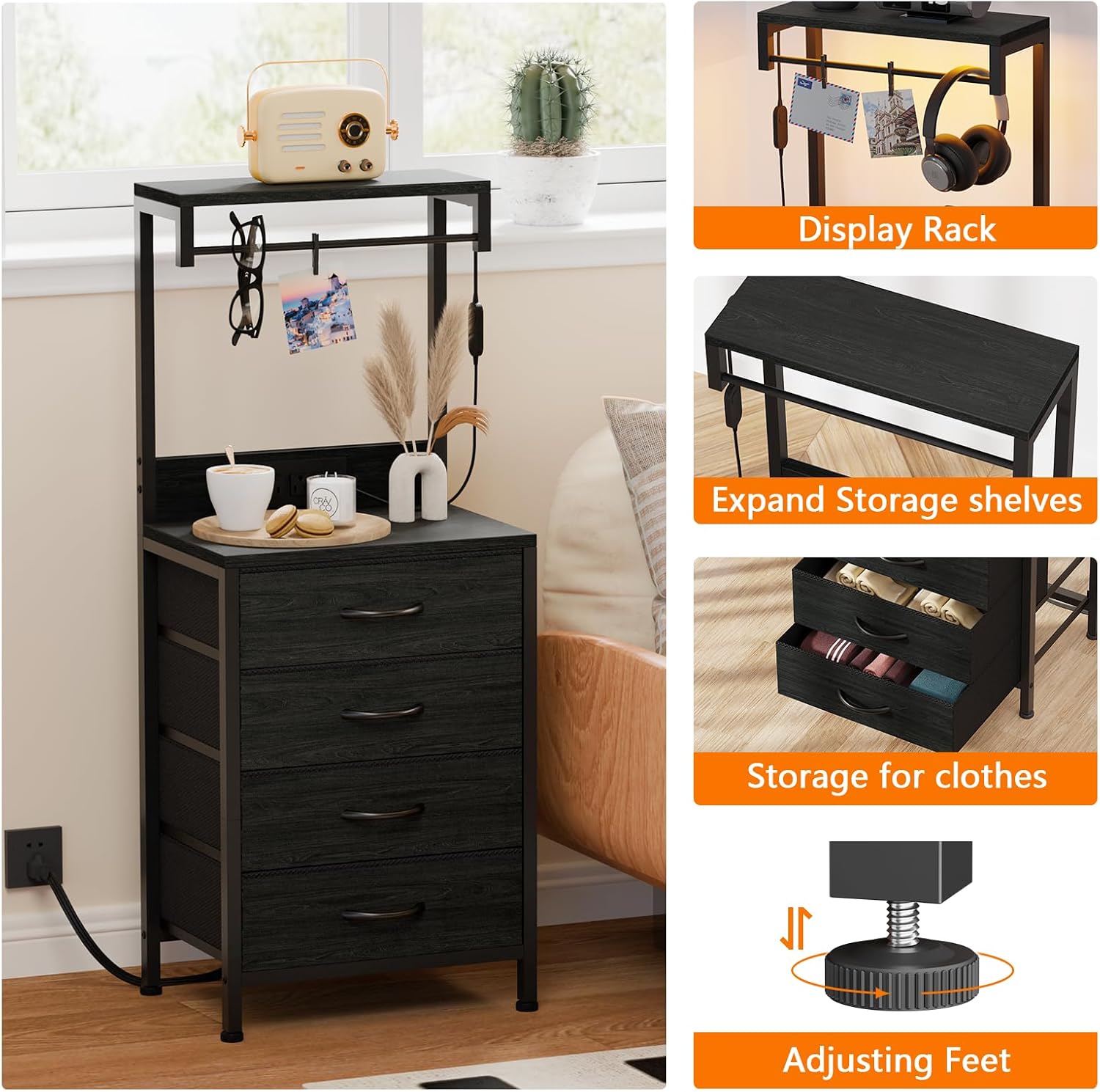 Tall Nightstand with Charging Station, Bed Side Table & End Table | 4 Fabric Drawers and Storage Wood Shelves, Dorm