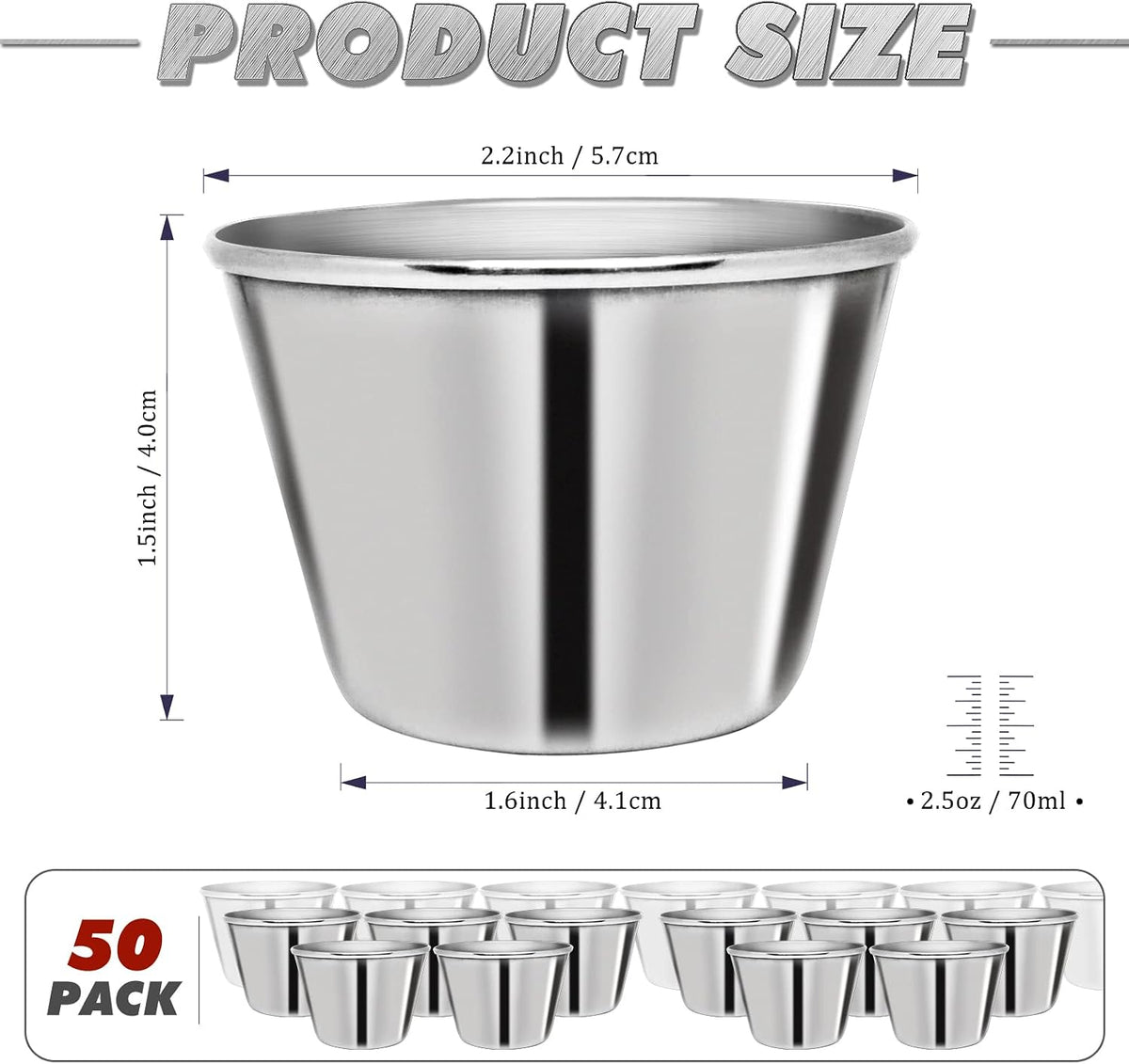 50 Pcs Metal Sauce Cups 2.5oz Ramekins, Stainless Steel Dipping Sauce Cups Metal Condiment Container Reusable Round