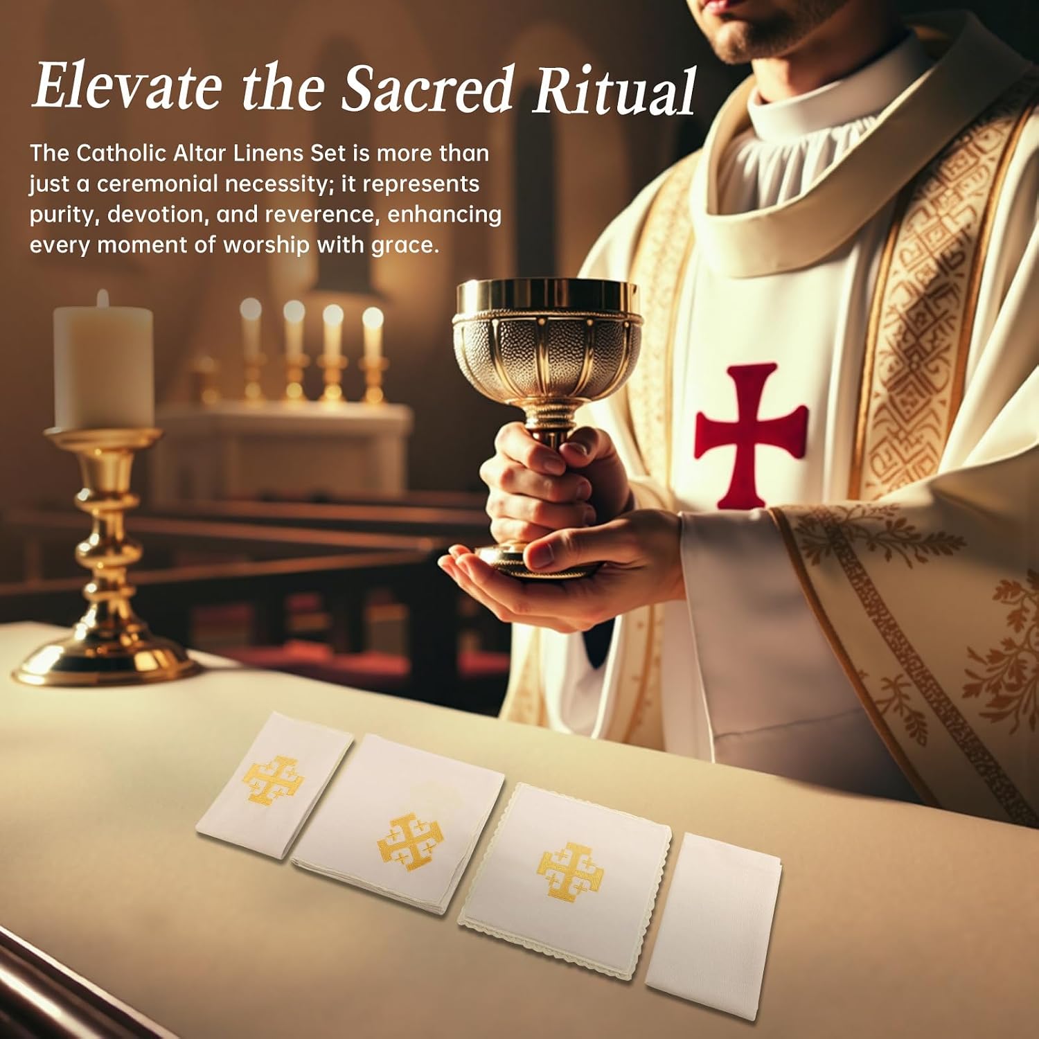 4 Pack Altar Supplies Linen Corporal for Churches Set (Pall,Corporal,Purificator,Towel) White Linen Altar Cloth Gold