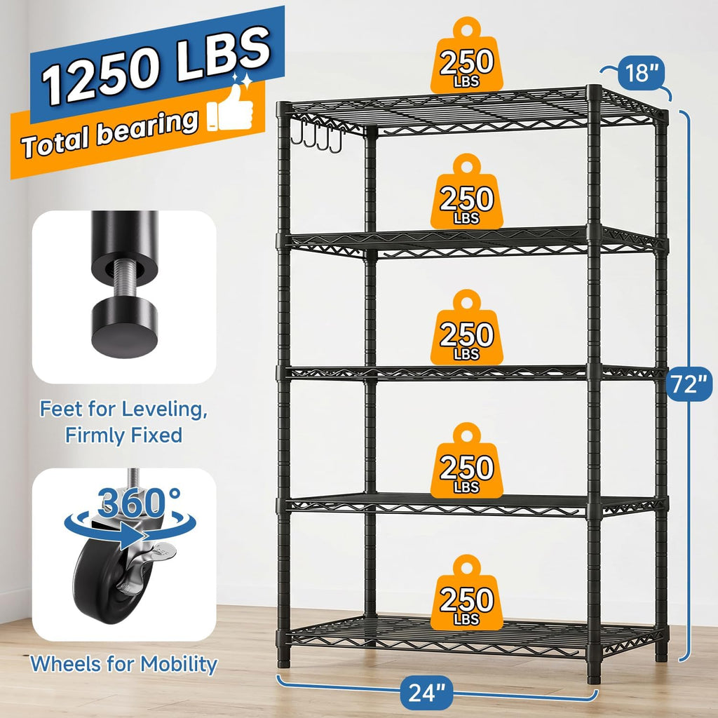 24" W x 18" D x 75" H Wire Storage Shelves with Wheels: 5 Tier Adjustable Metal Shelving Unit, NSF Heavy Duty Kitchen