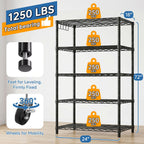 24" W x 18" D x 75" H Wire Storage Shelves with Wheels: 5 Tier Adjustable Metal Shelving Unit, NSF Heavy Duty Kitchen