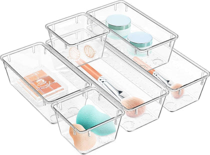 6 Pack Clear Drawer Organizer Set, Acrylic Drawer Storage Trays, Storage Bins for Makeup, Cosmetics, Jewelries