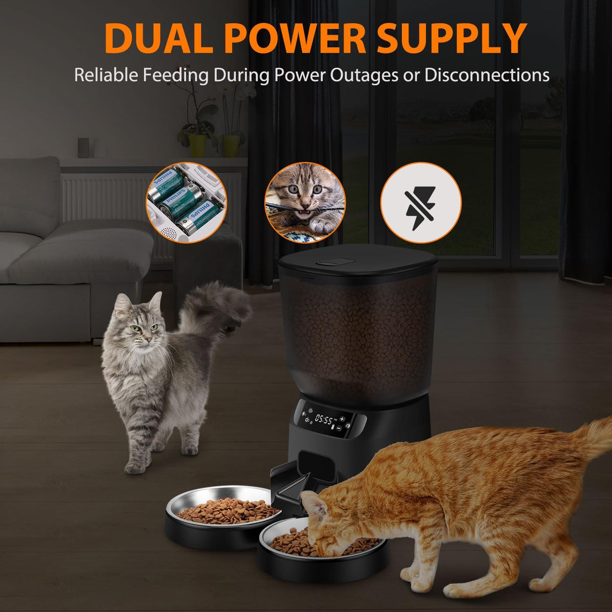 Automatic Cat Feeders for Two Cats, 5L/20 Cups Double Automatic Cat Food Dispenser with 2 Stainless Bowls, Timer