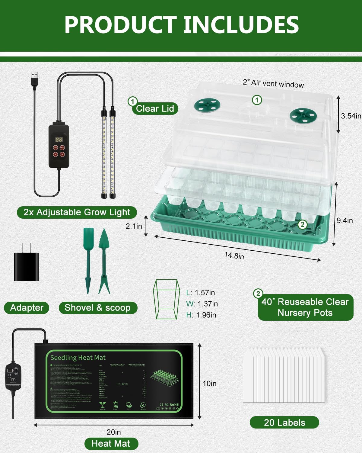 40 Cell Seed Starter Kit with Grow Light and Graphene Heating Mat, Reusable Seed Starter Tray with Higher