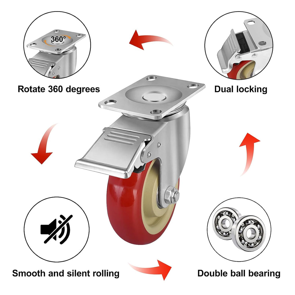 4 Inch Heavy Duty Swivel Caster Wheels with Brake, Set of 4 | Industrial Locking Rolling Plate Casters Wheels for