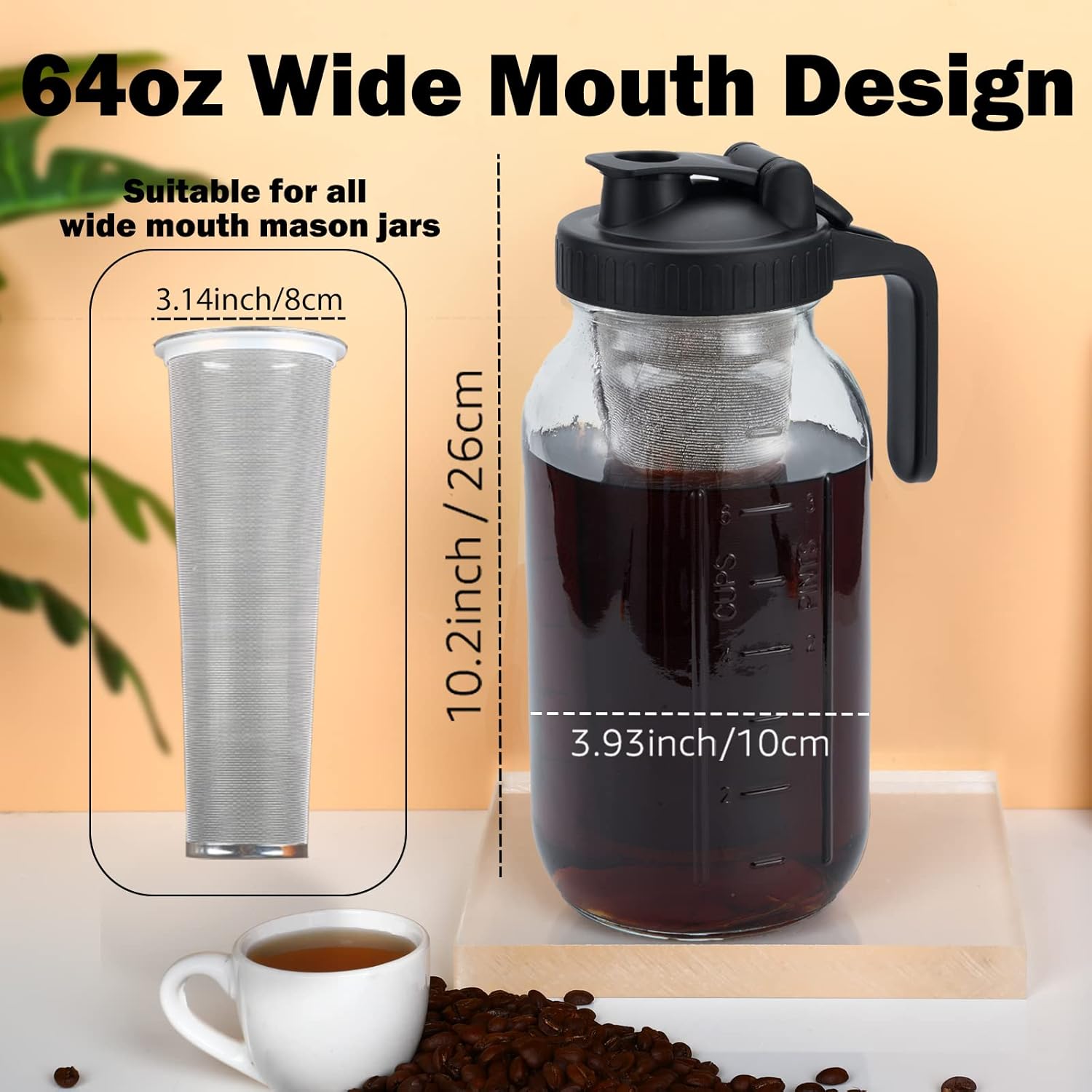 Cold Brew Mason Coffee Maker - 64oz Iced Coffee Pitcher with Stainless Steel Mixing Spoon & Super Dense Filter 3