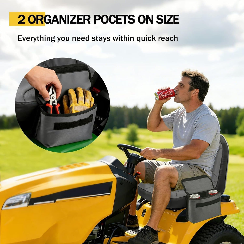 Lawn Mower Seat Cover, Padded Riding Mower Seat Cushion - Medium | 2 Side Drink Pouch, Waterproof Heavy Duty 600D