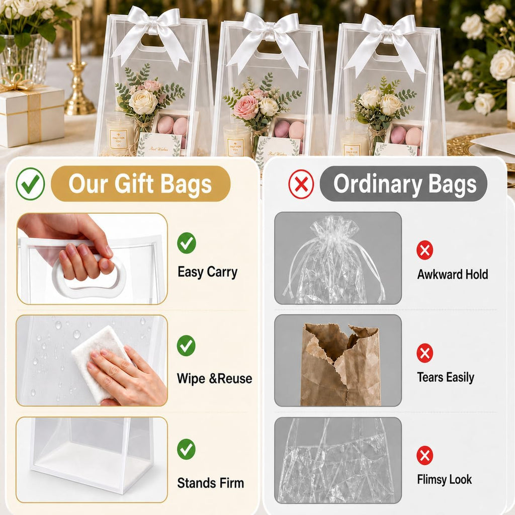 Small Clear Plastic Gift Bags with Handles, 7x10x3.15 in, 10 Pack, White