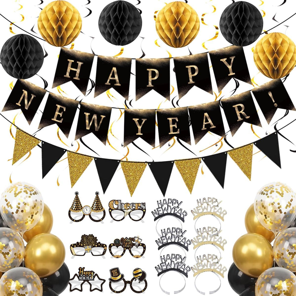Happy New Year Eve Party Supplies 2027– Complete New Years Decorations Set with Happy New Year Banner, Black & Gold