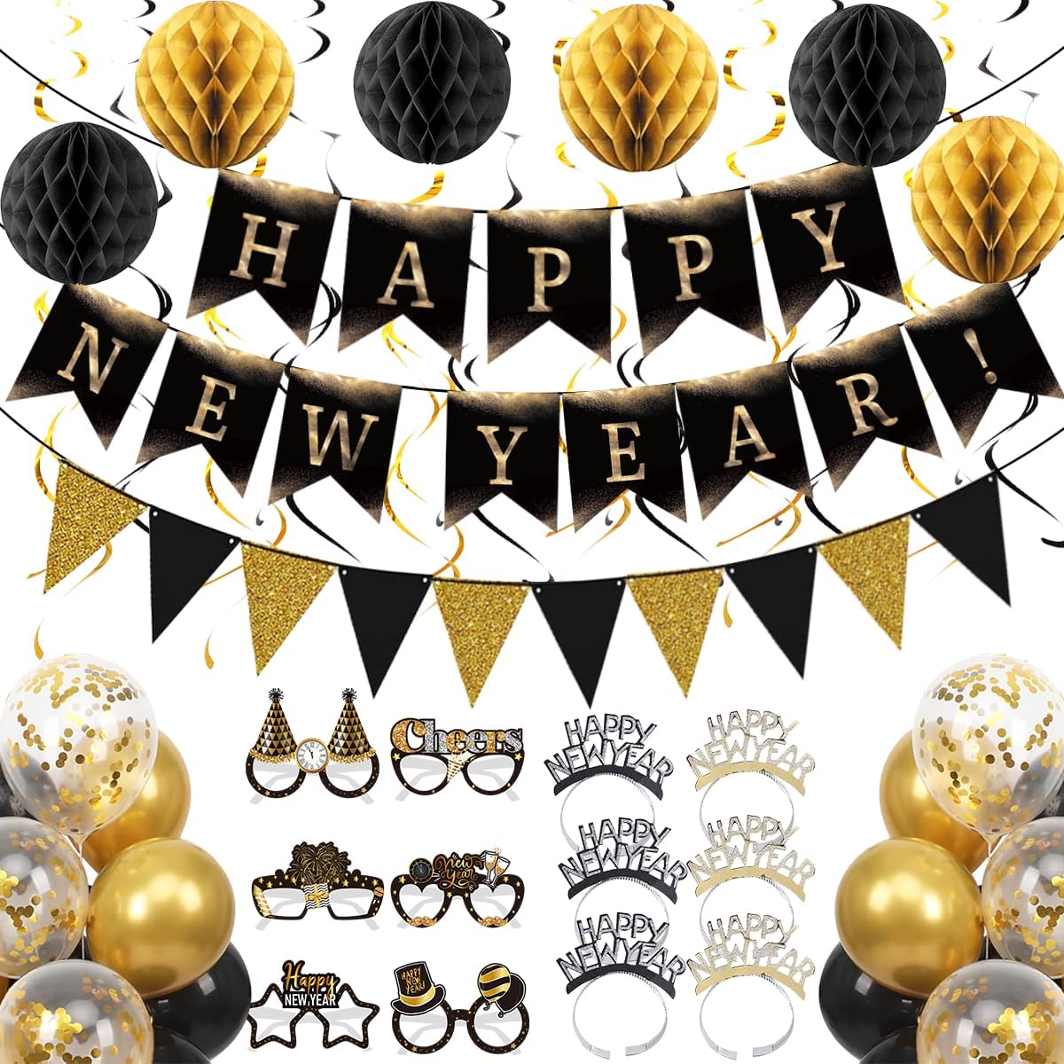Happy New Year Eve Party Supplies 2027– Complete New Years Decorations Set with Happy New Year Banner, Black & Gold
