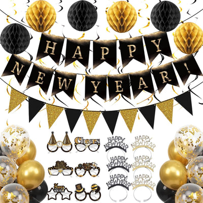 Happy New Year Eve Party Supplies 2027– Complete New Years Decorations Set with Happy New Year Banner, Black & Gold