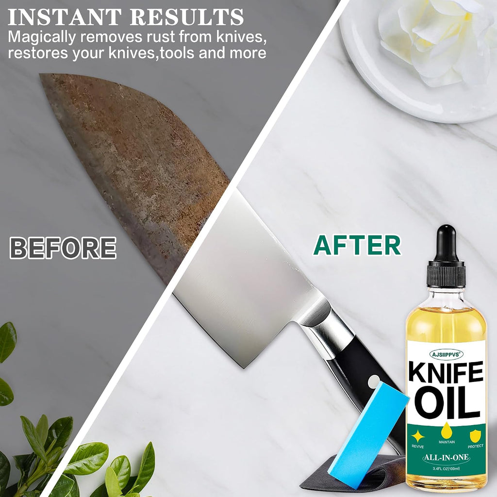 Knife Blade Oil Rust Eraser Kit,6 PCS Include Knife Sharpener,Refillable Spray Bottle for Preventing Rust,Maintenance