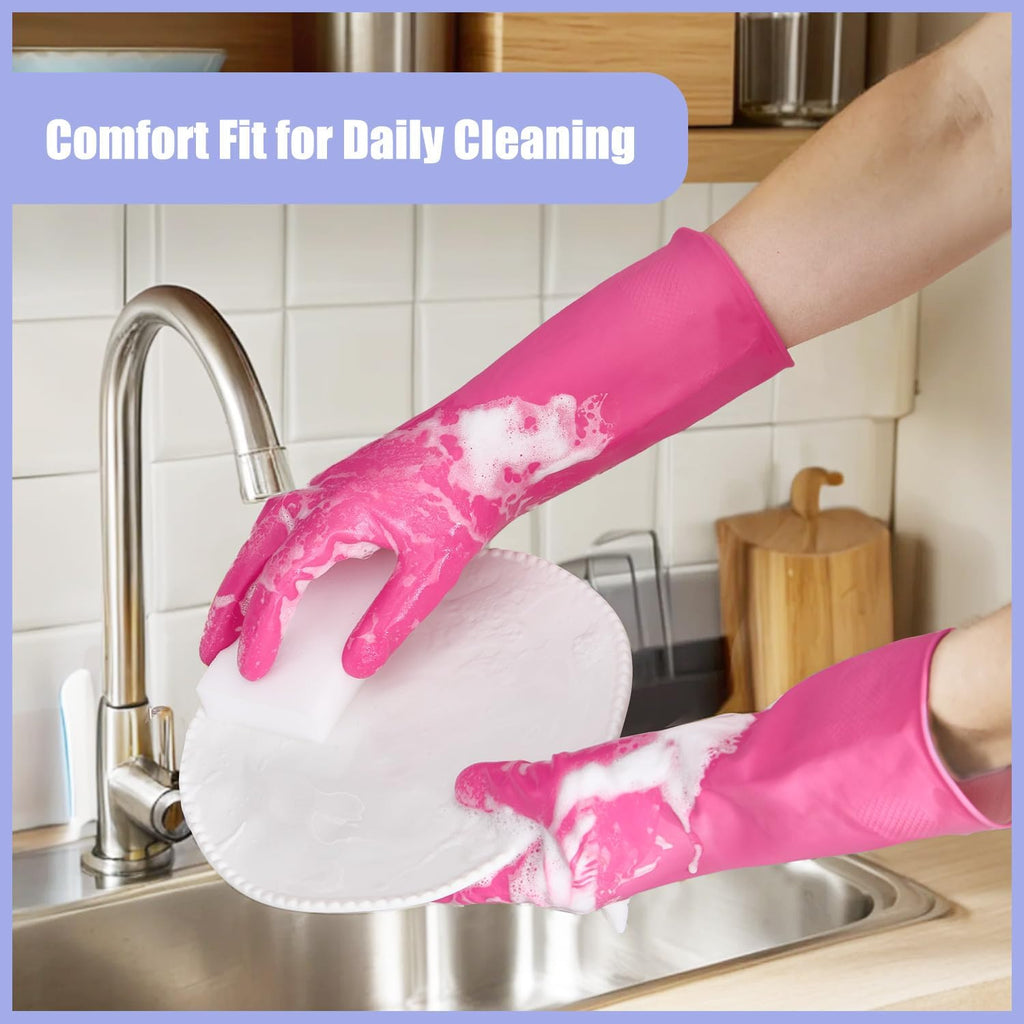 Rubber Kitchen Dishwashing Gloves - 4 Pairs Colorful Reusable Cleaning Gloves for Kitchen Washing Dishes and