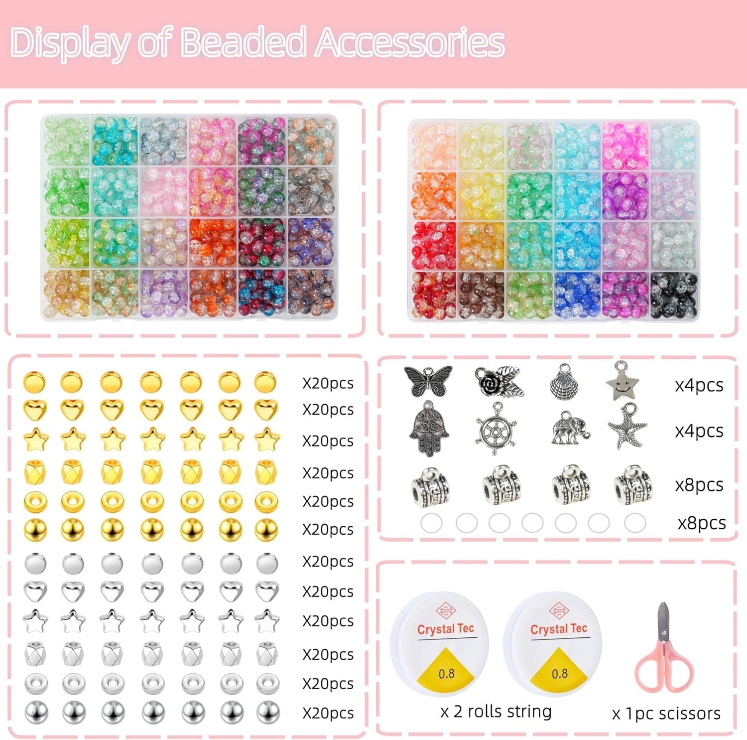 1300PCS 8mm Mixed Crackle Glass Beads for Bracelets Making with Accessories, 48 Colors Crystal Glass Beads Jewelry