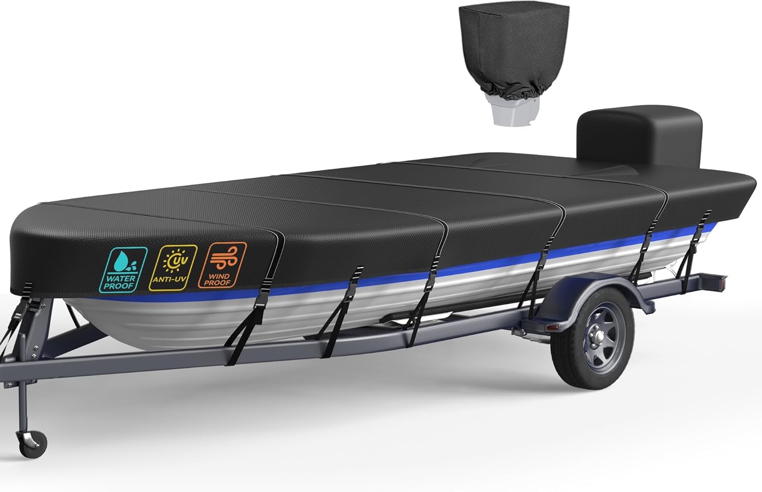 Heavy Duty 5 Layers 1200D Jon Boat Cover 14ft - 16ft with Motor Cover | 100% Waterproof Trailerable Jon Boat Covers