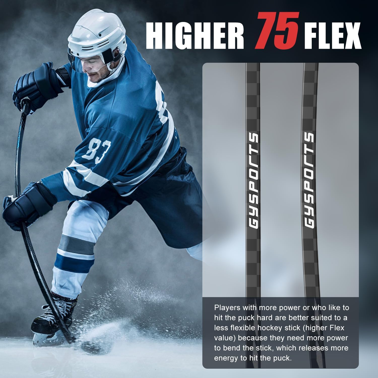 Ice Hockey Stick Senior Professional 100% Carbon Fibre Hockey Stick Adult 66"" Length, Shaft Woven UD 24K / Fle 75