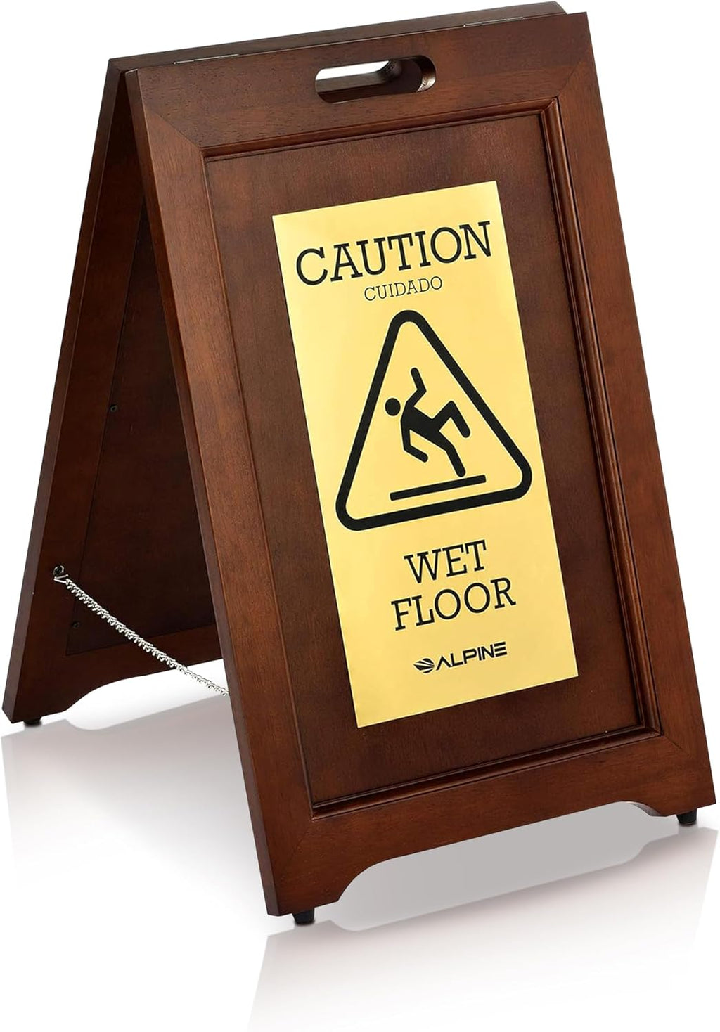 Wooden Caution Wet Floor Sign Slippery A-Frame with Bold Bilingual Safety Message, High-Grade Wood Finish