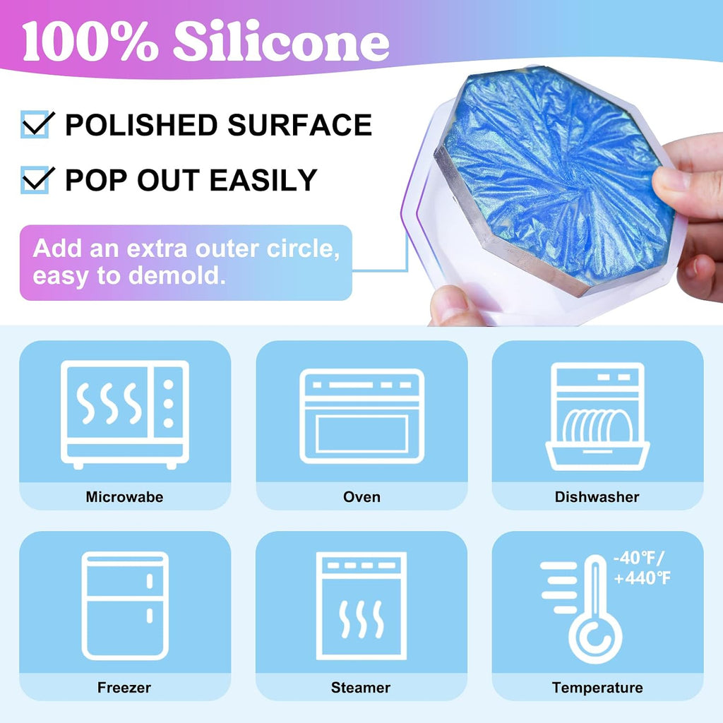 18 Pcs Coaster Resin Molds Silicone, Coaster Molds | with Round Square Octagon Shape Holder Molds for Epoxy Resin
