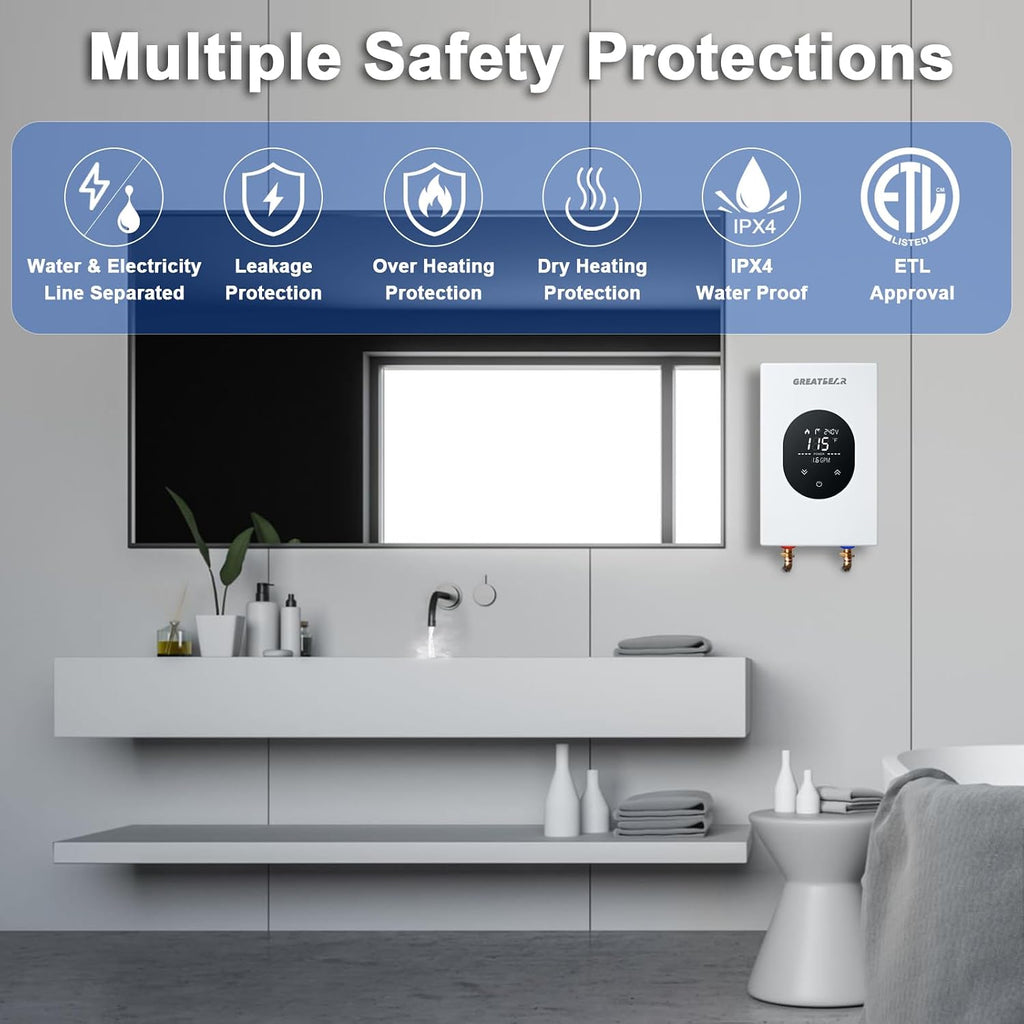 12KW Electric Tankless Water Heater 240V, Self Modulating White Unit | Self-modulating tech keeps steady temp;