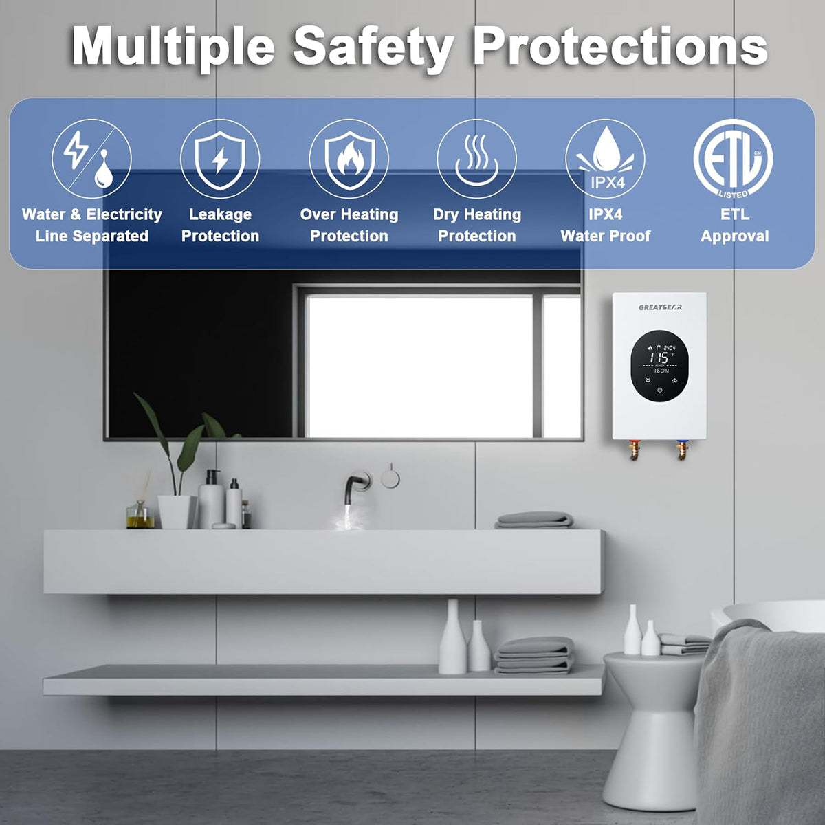 12KW Electric Tankless Water Heater 240V, Self Modulating White Unit | Self-modulating tech keeps steady temp;