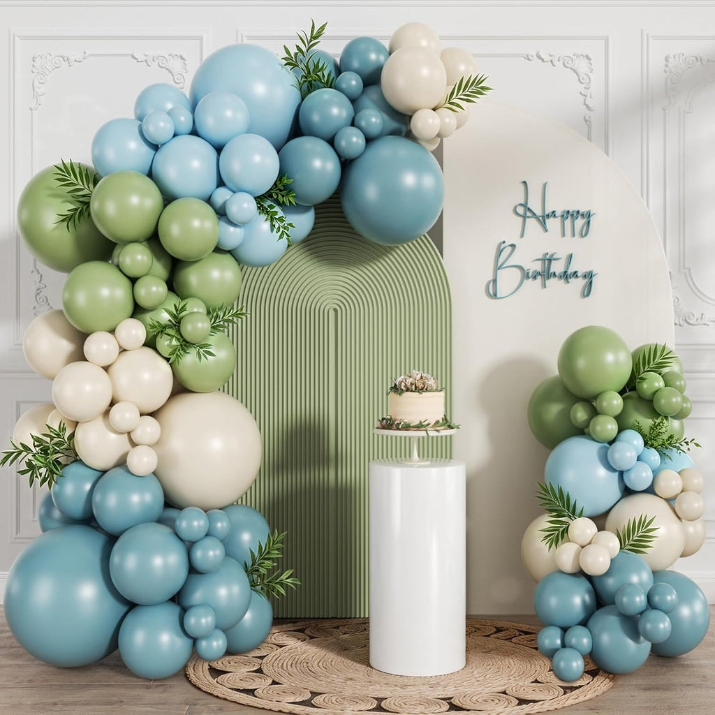 Dusty Blue Sage Green Balloon Arch Kit 120pcs Thick Latex Sand White Fog Blue Balloons Different Sizes 18 12 10 5