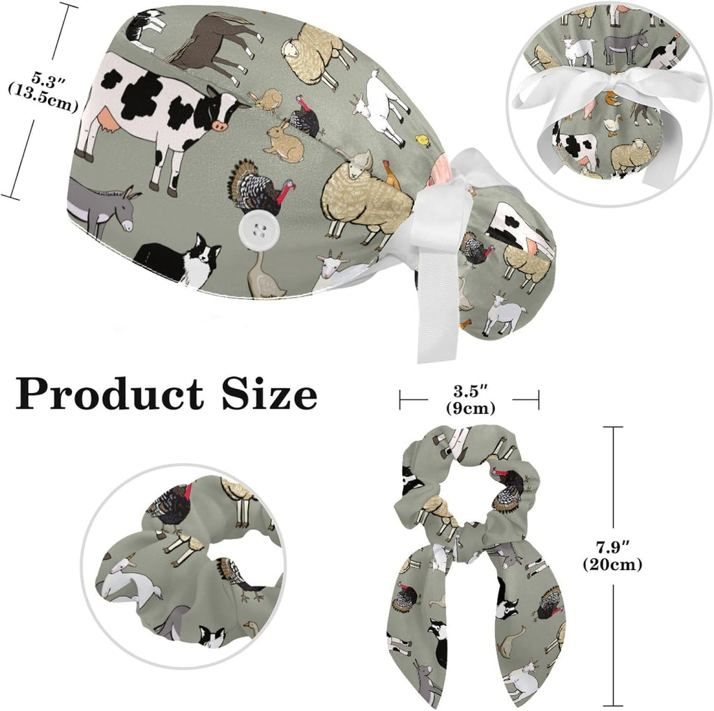 Adjustable Farm Animals Pig Cow Women Bouffant Cap with Buttons Scrub Hat for Woman
