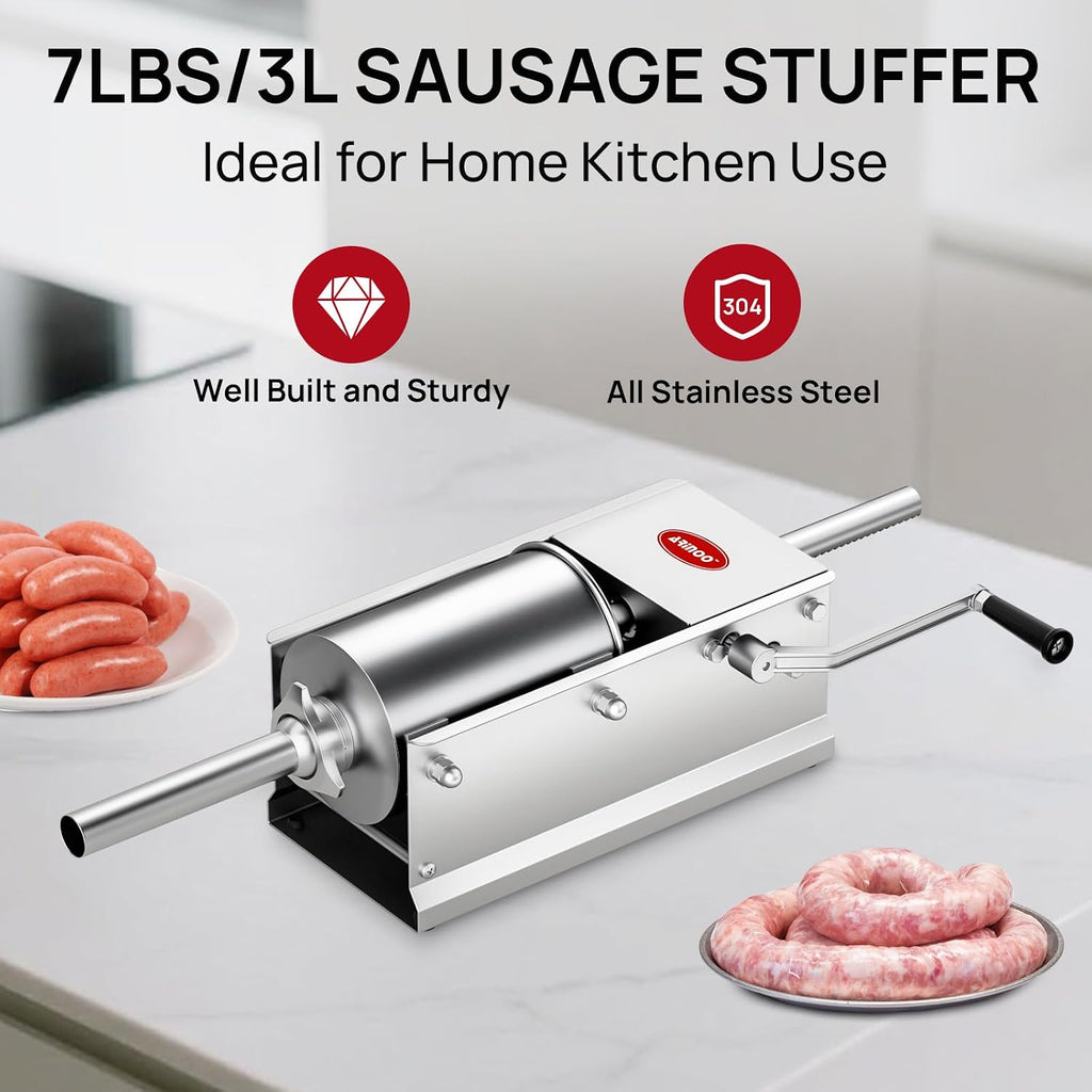 Horizontal Sausage Stuffer 3L / 7LBS,Manual Sausage Stuffer Machine,Stainless Steel Dual-Speed Sausage Maker with 4