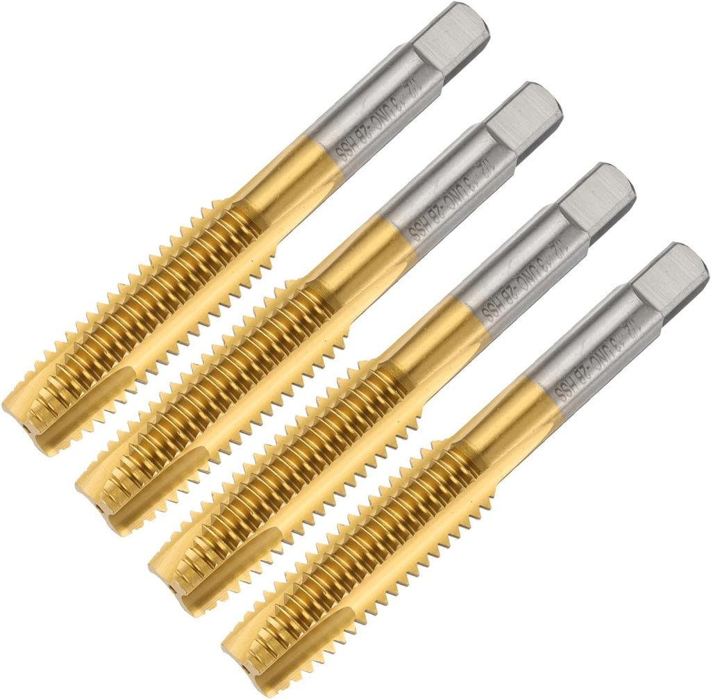 uxcell 4pcs 1/2-13 UNC B2 Spiral Point Thread Tap, Screw Tap Threading Tapping Tool, Titanium Coated 6542 High Speed Steel Machine Taps Tapping Bit