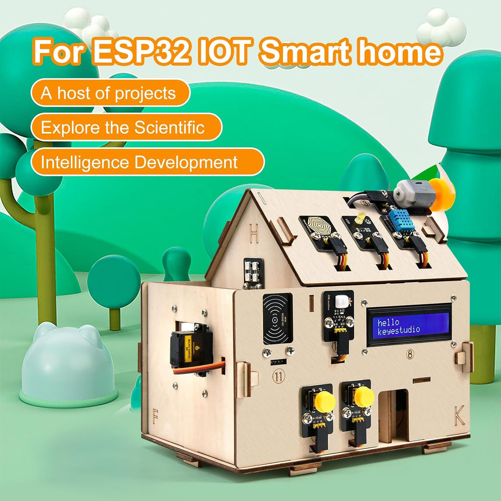 IOT ESP32 Smart Home Starter Kit for Arduino and Python,Electronics Home Automation Coding Kit, Wooden House DIY